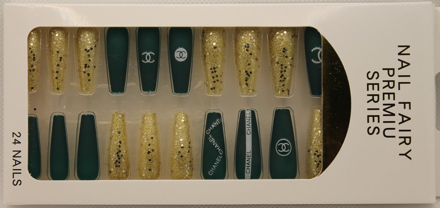 Chanel Designer Nails - Green & Gold