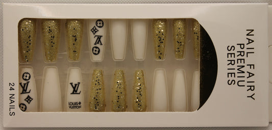 Louis Vuitton Designer Nails - White & Gold