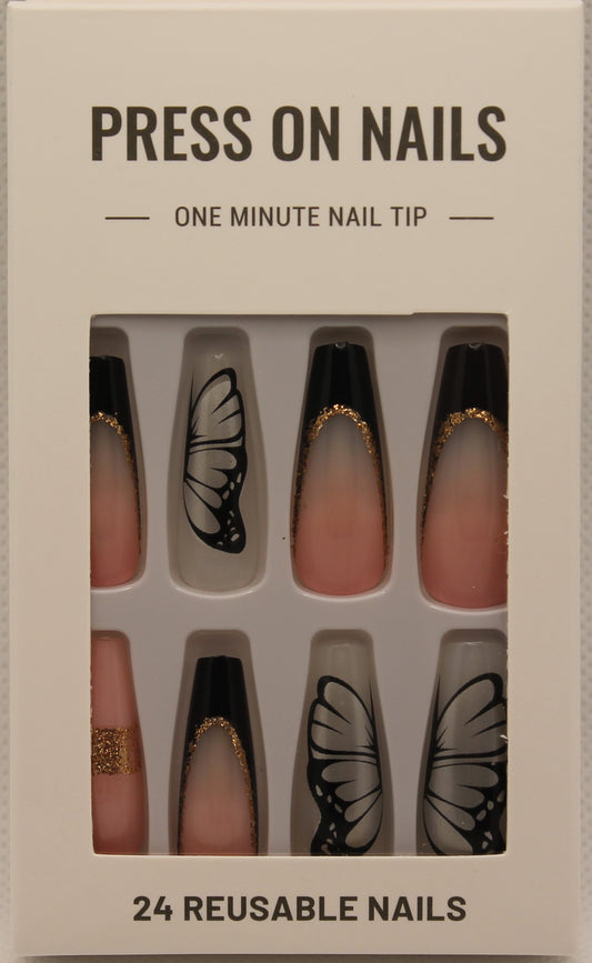 Press On Nails - Nude/Black/Silver